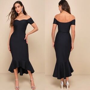 NWT Lulu’s How Much I Care Midnight Blue Off-the-Shoulder Midi Dress Small Chic